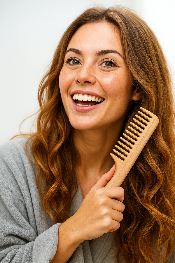 Peigne en bois de hêtre à dents larges passé dans des cheveux mouillés