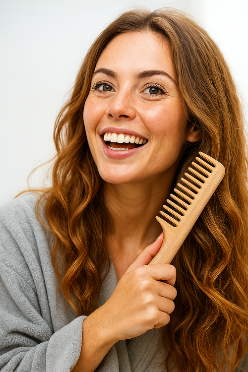 Peigne en bois de hêtre à dents larges passé dans des cheveux mouillés